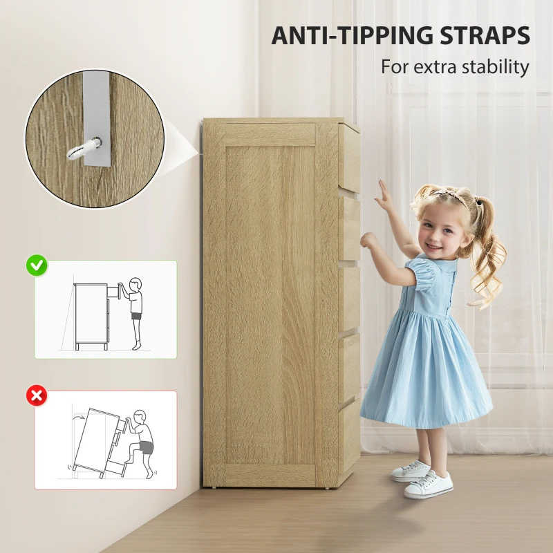 HOMCOM Comodă pentru Depozitare cu 5 Sertare, Comodă Înaltă, Comodă cu Ghidaje Metalice și Mânere Scanalate, Alb