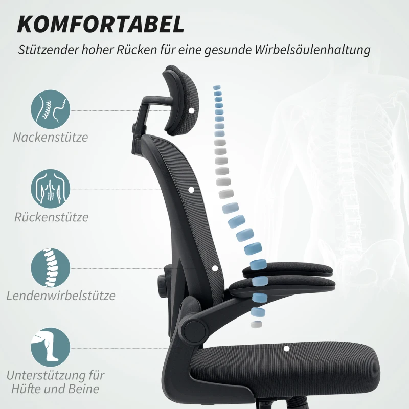 HOMCOM Bürostuhl Ergonomischer Schreibtischstuhl mit Hochklappbaren Armlehnen, Verstellbarer Lendenwirbelstütze Schwarz