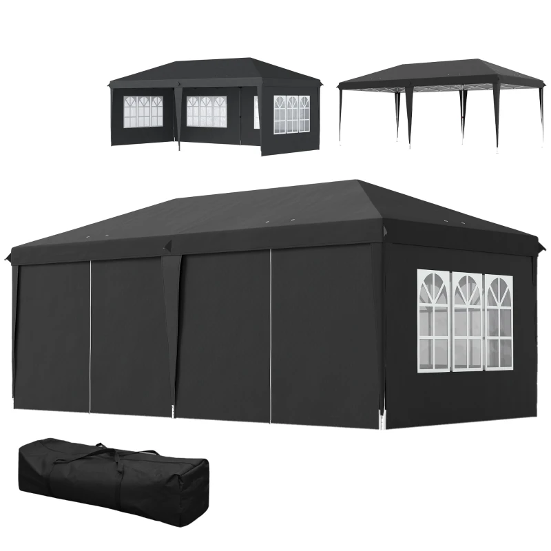 Outsunny Gazebo ca. 3x6 m Impermeabile Pop-up Gazebo Pieghevole con 4 Pareti, Finestre Protezione UV Sacca per il Trasporto Nero
