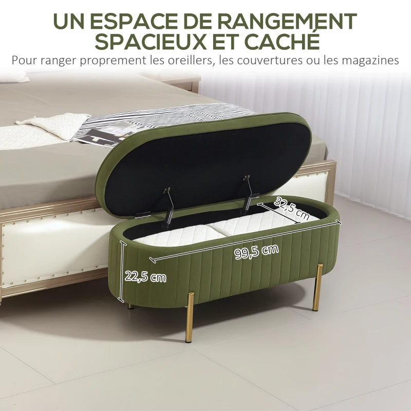 HOMCOM Banc de rangement, bout de lit en velours avec couvercle, pieds en métal, capacité 72 L, 108x44x43,5cm, vert foncé