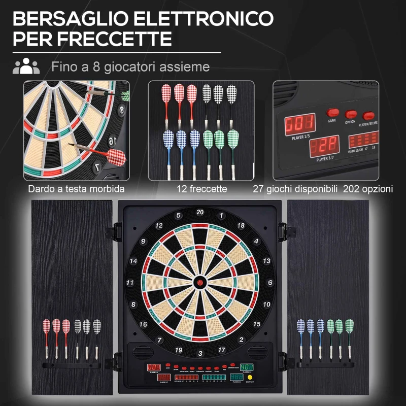 HOMCOM Bersaglio Freccette Elettronico con Punteggio Automatico, 12 Freccette e 6 Display, 51x6.5x57cm, Nero