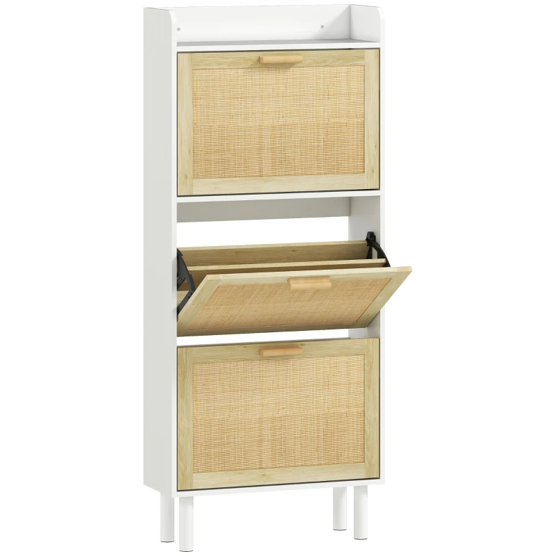 HOMCOM Meuble à chaussures 3 portes abattants étagère effet résine tressée design bohème 65 x 24,5 x 153 cm blanc