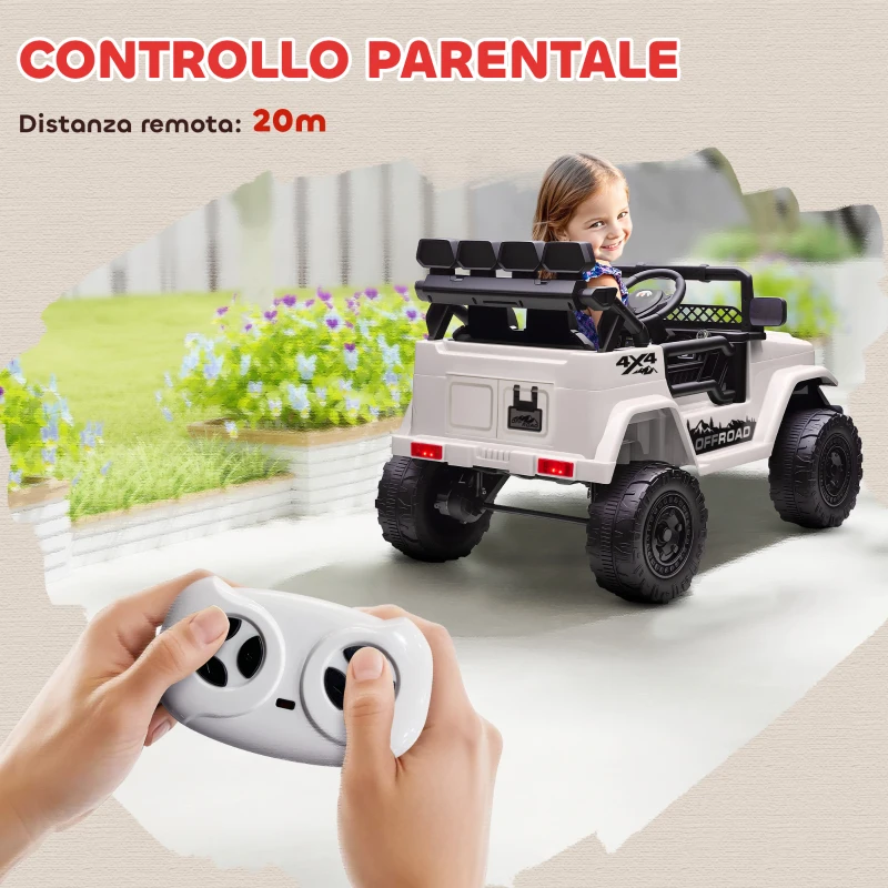 AIYAPLAY Fuoristrada per Bambini con Fanali, Clacson, Cintura e Telecomando, in PP e Metallo, 99x66x68.5 cm, Bianco