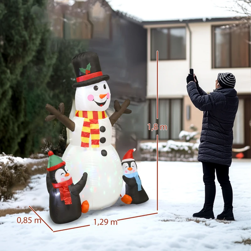 Outsunny Bonhomme de neige et pingouins gonflable de Noël de 180 cm avec lumières LED, décoration de Noël intérieur et extérieur