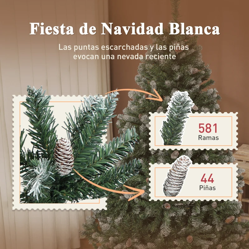 HOMCOM Árbol de Navidad Artificial 150 cm con 581 Ramas con Nieve 44 Piñas y Soporte Metálico Plegable Fácil Montaje Verde