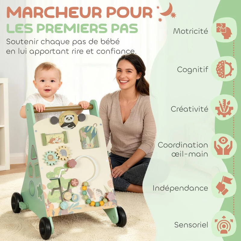 AIYAPLAY Trotteur en bois pour bébé 18+ mois, chariot de marche, contrôle de vitesse, centre d'activités, 33,5x36x46,8cm, vert