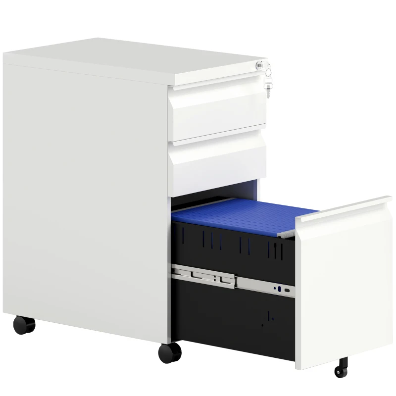 Vinsetto 3-Drawer Steel Filing Cabinet with Lock and Wheels - White