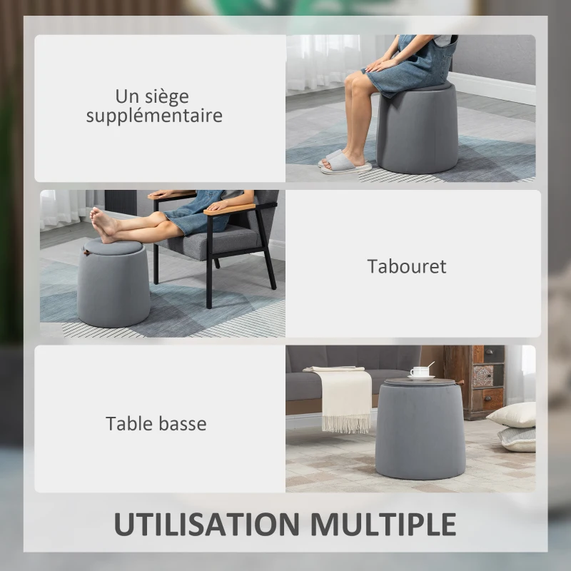 HOMCOM Pouf coffre rangement, pouf repose-pieds en tissu velours givré, couvercle réversible, Ø 44 x 47,5 cm, gris