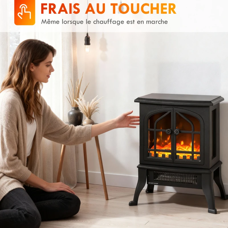 HOMCOM Cheminée électrique avec effet flamme 3D, 1800/900 W, fausse cheminée décorative, thermostat réglable, 39x24x48cm, noir
