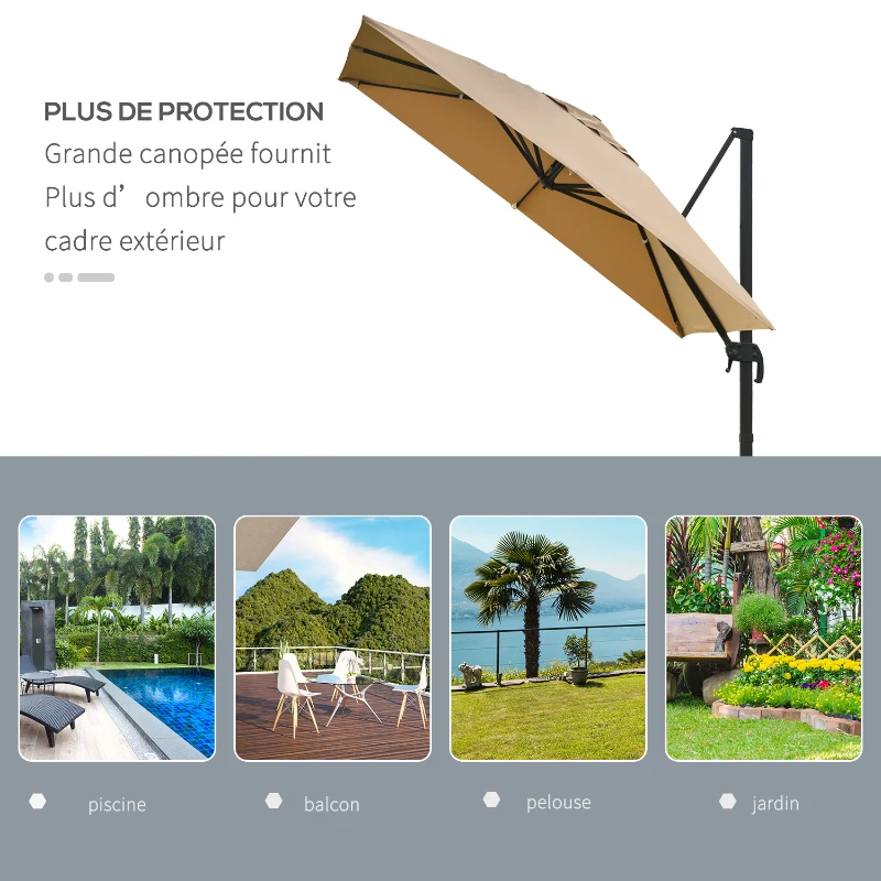 Outsunny Parasol déporté carré inclinable pivotant 360° manivelle piètement acier dim. 3L x 3l x 2,6H m beige