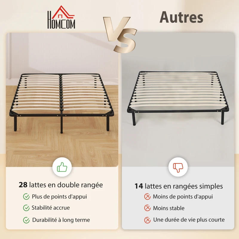 HOMCOM Cadre de lit 160 x 190 cm, lit 2 personnes en bois massif avec sommier à lattes et pied, rangement au-dessous, noir