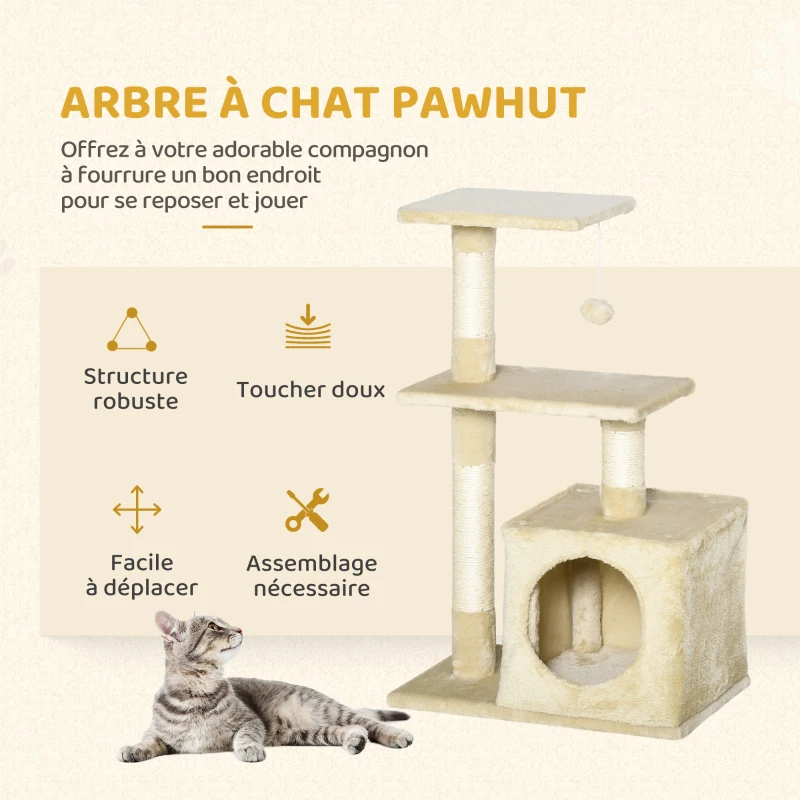 PawHut Arbre à chat tour de jeux pour chats poteaux en sisal, 2 plate-forme, niche, balle, tissu peluche, 50x30x81,5cm, beige