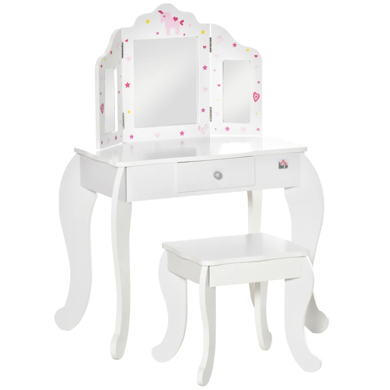 HOMCOM Coiffeuse Enfant avec Tabouret, Miroir triptyque et tiroir Coulissant - Coiffeuse dim. 63L x 40l x 85,5H cm