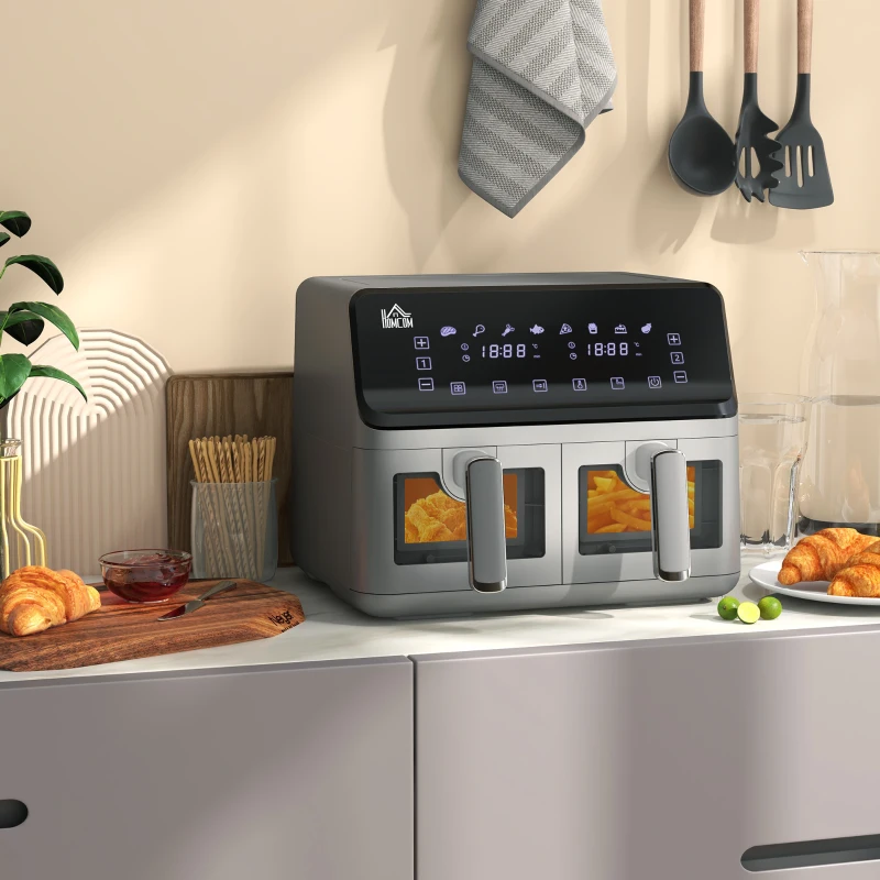 HOMCOM Friteuse à air sans huile Air Fryer double compartiment 8L 2500 W 8 programmes température réglable minuterie gris
