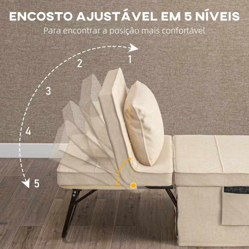 HOMCOM Sofá Cama 4 em 1  Estofado em Linho com Encosto Ajustável em 5 Níveis e Almofada Acolchoada  75x80x74 cm Creme