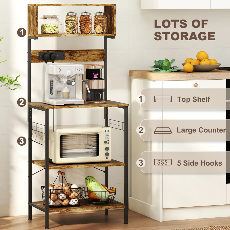 HOMCOM Bakers Rack with Power Outlet, USB Charger, Microwave Stand with Adjustable Shelves, 5 Hooks for Small Spaces, Kitchen Storage Unit for Spices, Pots and Pans, Rustic Brown