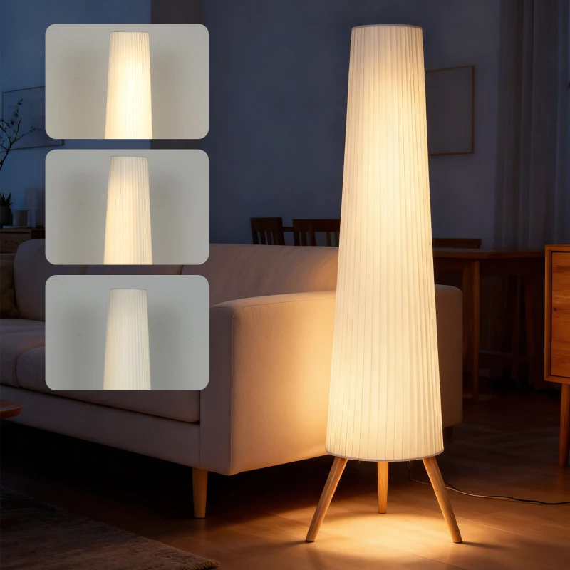 HOMCOM LED Stehlampe Wohnzimmer Dimmbar Holz mit Dreibein, Stehleuchte mit Fußschalter, 46 x 46 x 153 cm, Weiß