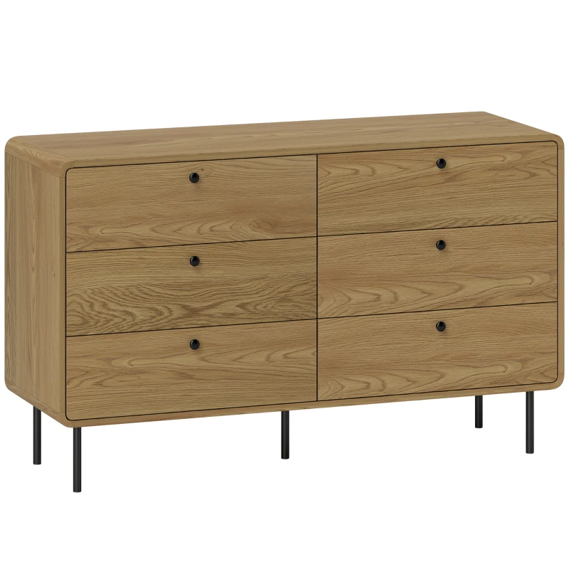 HOMCOM Commode 6 tiroirs meuble de rangement style moderne coins arrondis et pieds en acier 120 x 40 x 75cm effet bois de chêne