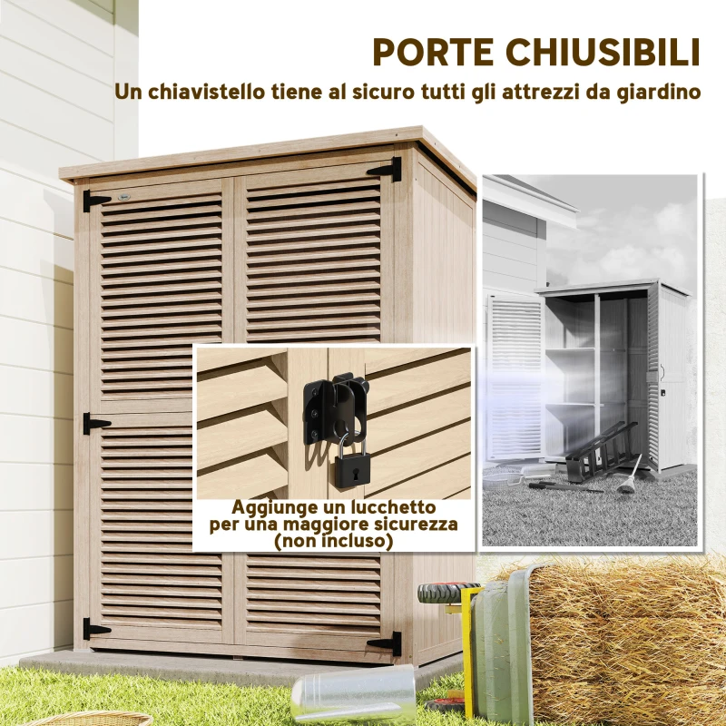 Outsunny Armadio da Esterno Portaoggetti a 2 Ripiani con Picchetti, in Legno di Abete, 127x65x159.5/168 cm