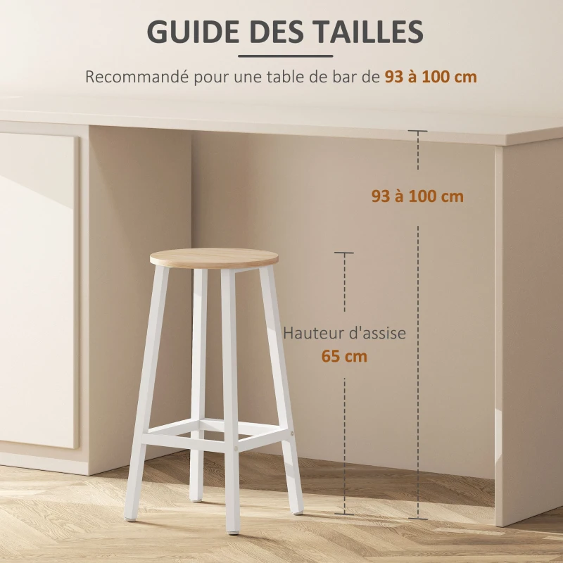 HOMCOM Lot de 2 tabourets style moderne hauteur 65 cm avec repose-pieds - blanc et aspect bois