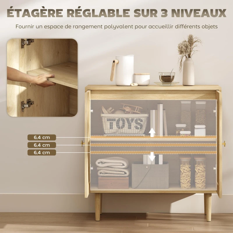 HOMCOM Buffet de cuisine meuble de rangement double portes avec 2 niveaux, façade en cannage 80 x 38 x 79 cm effet bois naturel