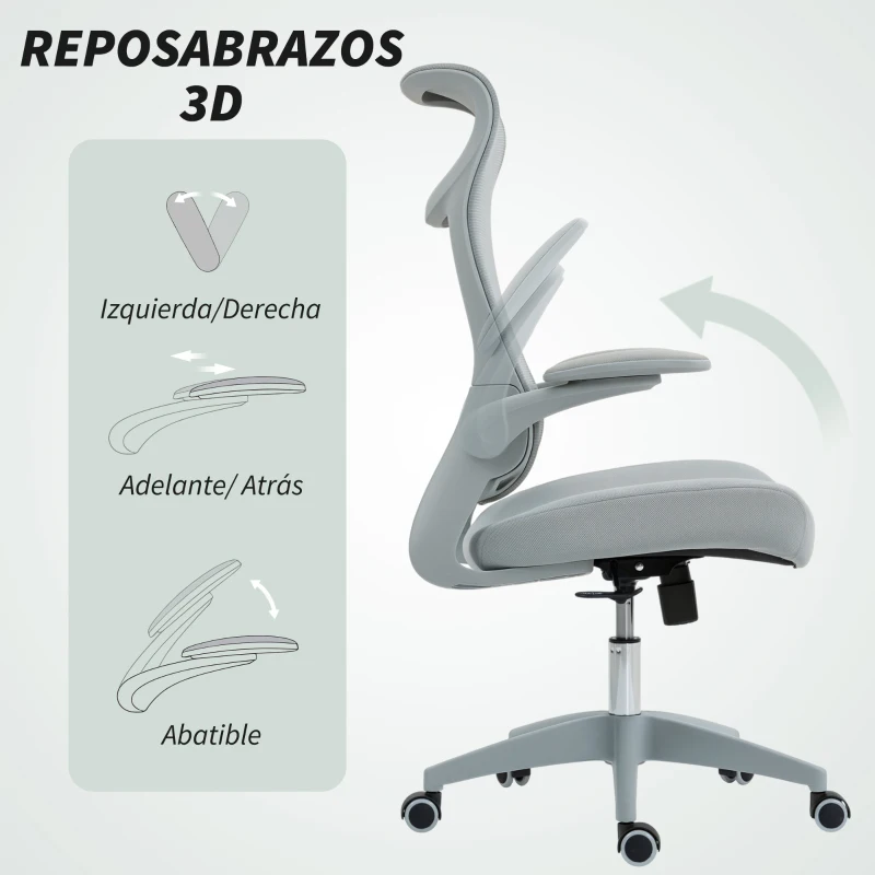 HOMCOM Silla de Oficina Ergonómica Giratoria de Malla con Soporte Lumbar Reposabrazos Abatibles Reposacabezas Basculante Gris
