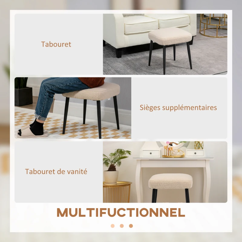 HOMCOM Repose pied salon, tabouret ottoman en tissu effet laine bouclée, pieds en acier, 42 x 42 x 44 cm, beige