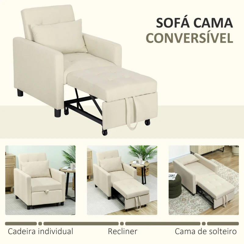 HOMCOM Sofá Cama Individual Poltrona com 4 Rodas Encosto Reclinável Almofada Extra e Assento Acolchoado 69x82,5x84 cm Bege