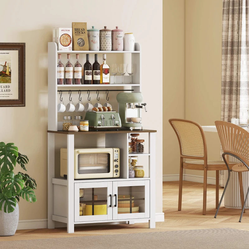 HOMCOM Alacena de Cocina con 6 Ganchos para Tazas 2 Puertas de Vidrio Estantes Abiertos 80x40x152 cm Blanco