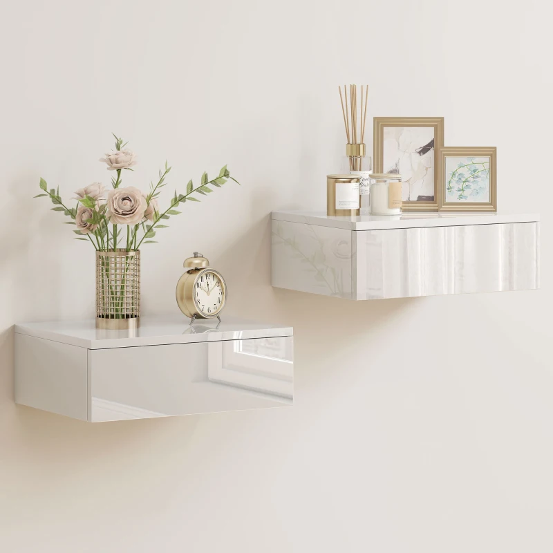 HOMCOM 2-delig set nachtkastjes, wandmontage ontwerp, lade, voor slaapkamer, spaanplaat, Wit