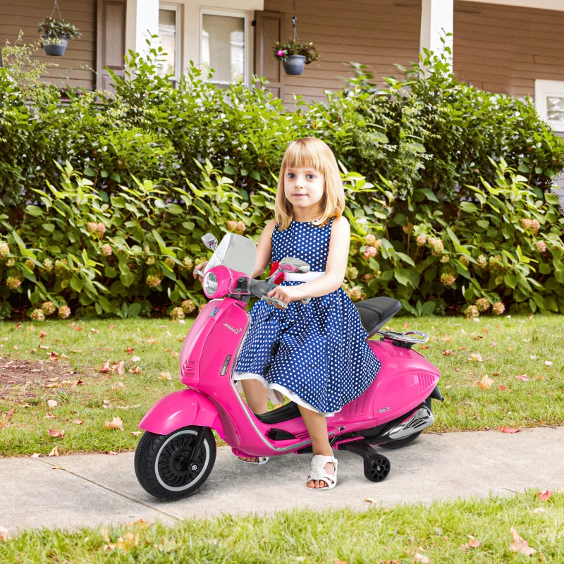 HOMCOM Vespa scooter électrique enfants, moto électrique enfants 6 V avec musique, klaxon, phare, 108x49x75cm, rose(m-8)