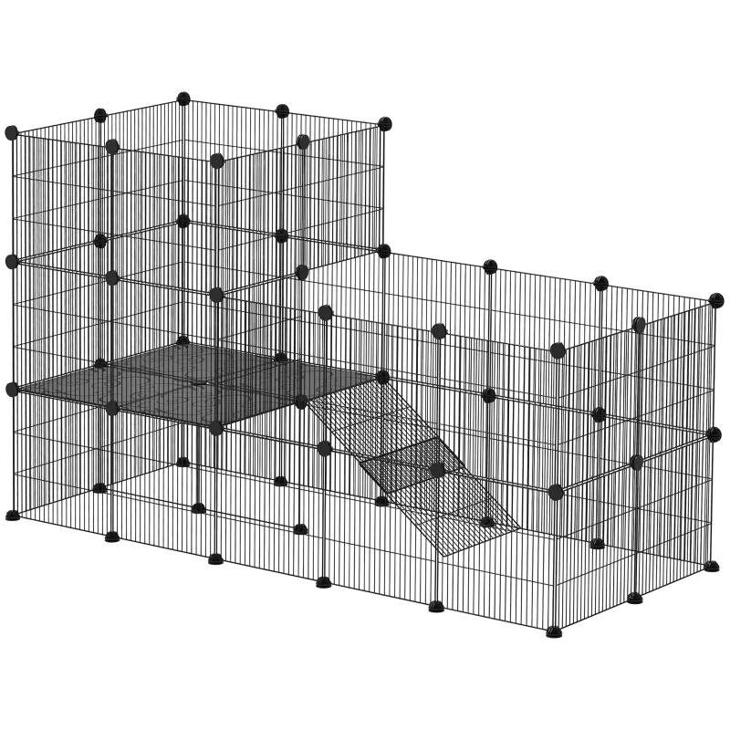 PawHut Enclos pour petits animaux, cage à lapin modulable 2 niveaux, 39 panneaux avec rampe, en acier, 140 x 70 x 105 cm, noir