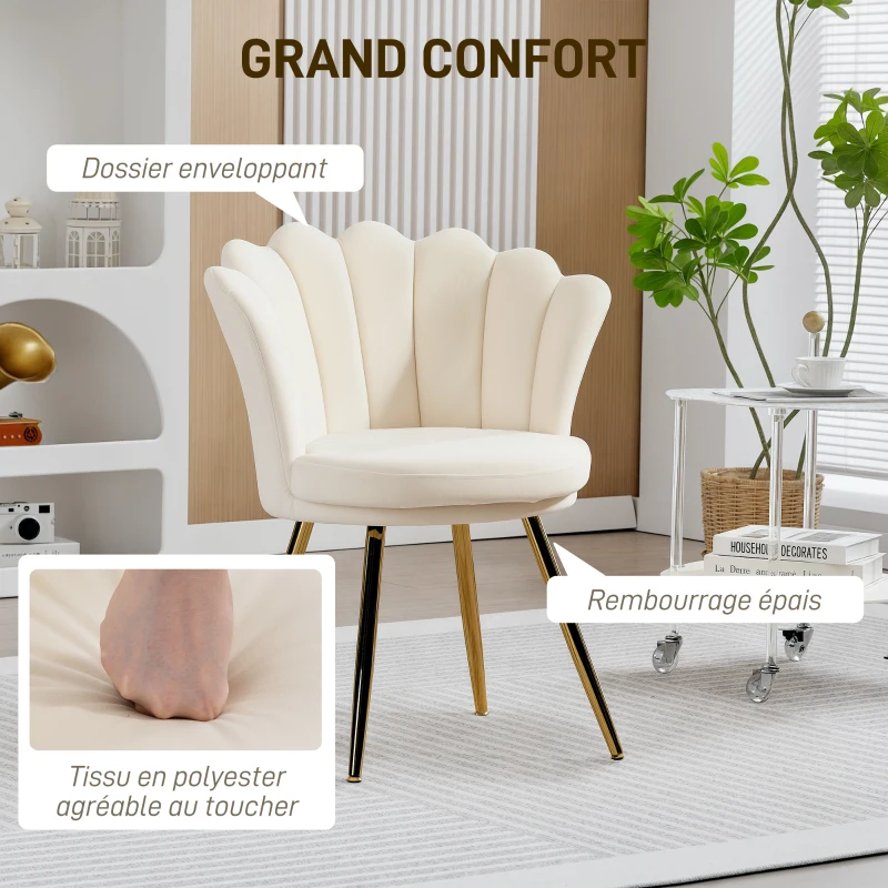 HOMCOM Fauteuil coquillage chaise coiffeuse fauteuil en velours fauteuil de salon avec pieds en métal doré beige