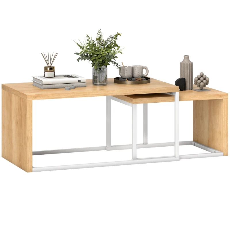 HOMCOM Set aus 2 Couchtischen Moderner Nisttisch Metallrahmen für Wohnzimmer 90x48x42 cm und 59x42x36 cm Natur und Weiß