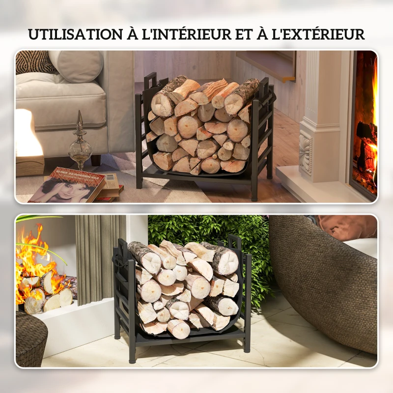 Outsunny Porte-bûches, range-bûches, avec transporteur amovible, intérieure, 49l x 34P x 44H cm, métal, noir