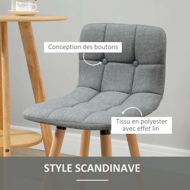 HOMCOM Lot de 2 tabourets de bar, chaises de bar capitonnées avec dossier et repose-pieds, pieds en bois, 41,5x47x97,5cm, gris