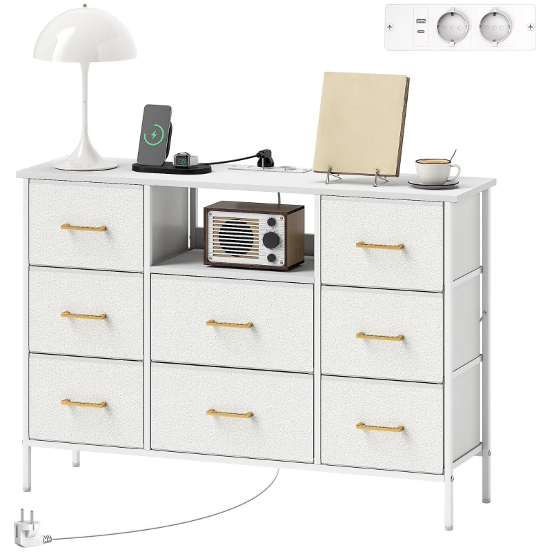 HOMCOM Commode 8 tiroirs en tissu bouclette, meuble de rangement avec 2 prises de courant, structure en acier 110x30x76cm crème