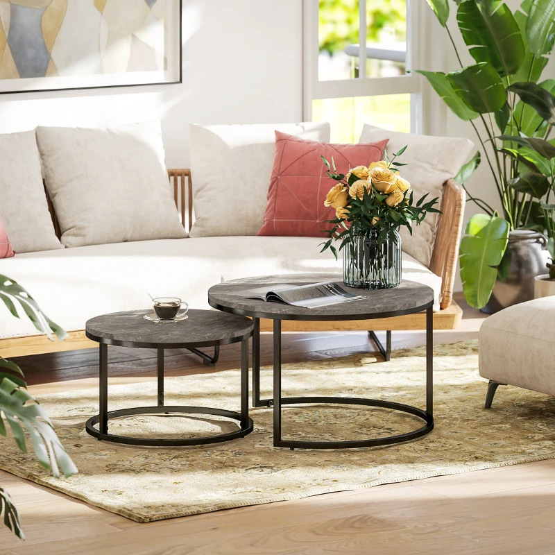 HOMCOM Lot de 2 tables basses gigognes empilable design industriel plateau imitation ciment pieds en métal gris