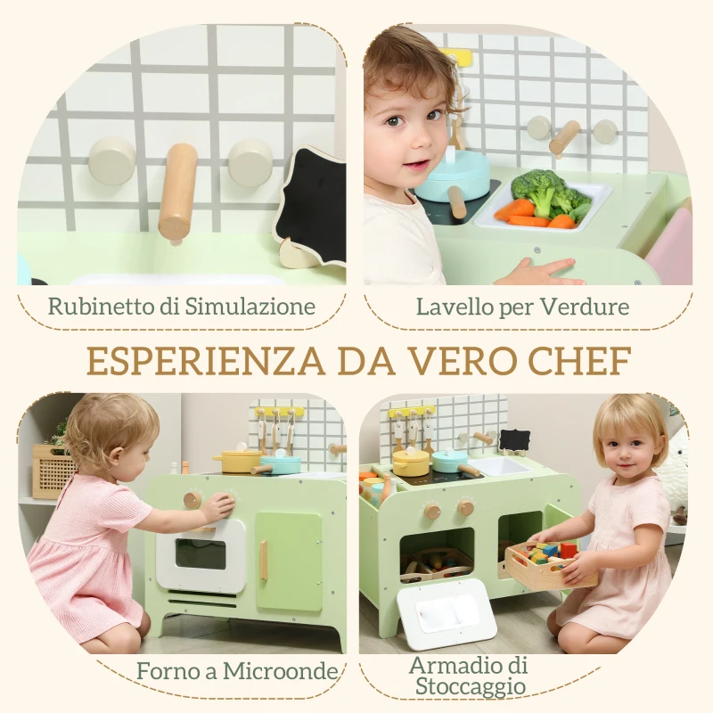 AIYAPLAY Set Cucina Giocattolo in Legno per Bambini da 3+ Anni con 15 Accessori, Verde