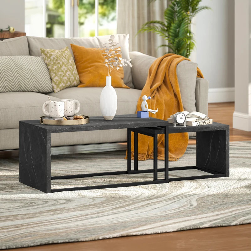 HOMCOM Set of 2 nesting coffee tables industrial design space-saving in black metal and dark grey marble effect