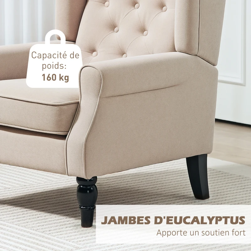HOMCOM Fauteuil de salon capitonné avec assise large, pieds en bois, style classique, grand confort, 74 x 87 x 102 cm, beige