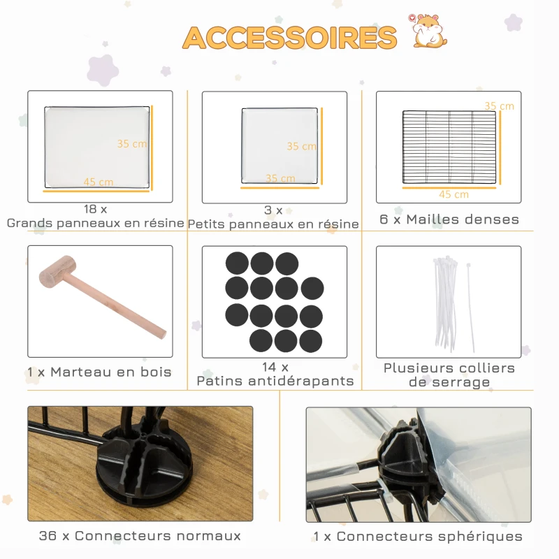 PawHut Enclos lapin interieur, 2 niveaux, parc modulable pour petits animaux, 27pcs, 140 x 70 x 90 cm, noir