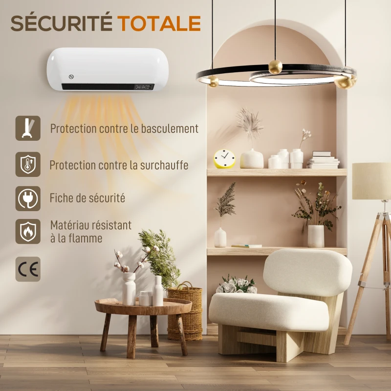 HOMCOM Chauffage mural en céramique 1000/2000W, radiateur électrique, ventilateur, thermostat, minuterie, 50x19x14cm, blanc