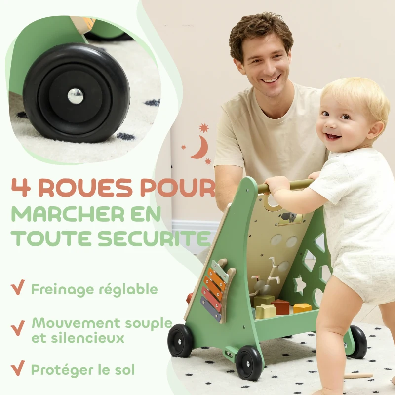 AIYAPLAY Trotteur en bois pour bébé 18+ mois, chariot de marche, contrôle de vitesse, centre d'activités, 33,5x36x46,8cm, vert