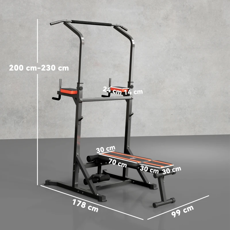 HOMCOM Power Tower Pieghevole, Stazione Fitness Multifunzione Regolabile in 7 Posizioni con Sbarra Trazioni, Dip Station, Pull UP Station e Panca Piana in Acciaio, per Home Gym Casa, Portata 150kg