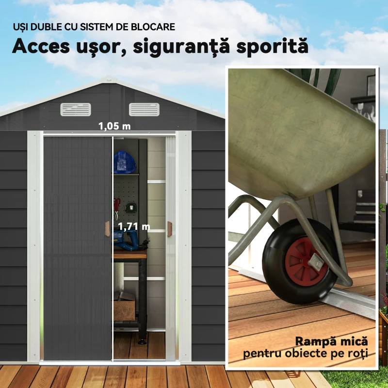 Outsunny Magazie de Gradina, Suport pentru Unelte din Otel cu Usi Glisante si Orificii de Aerisire, 196x236x208 cm, Maro