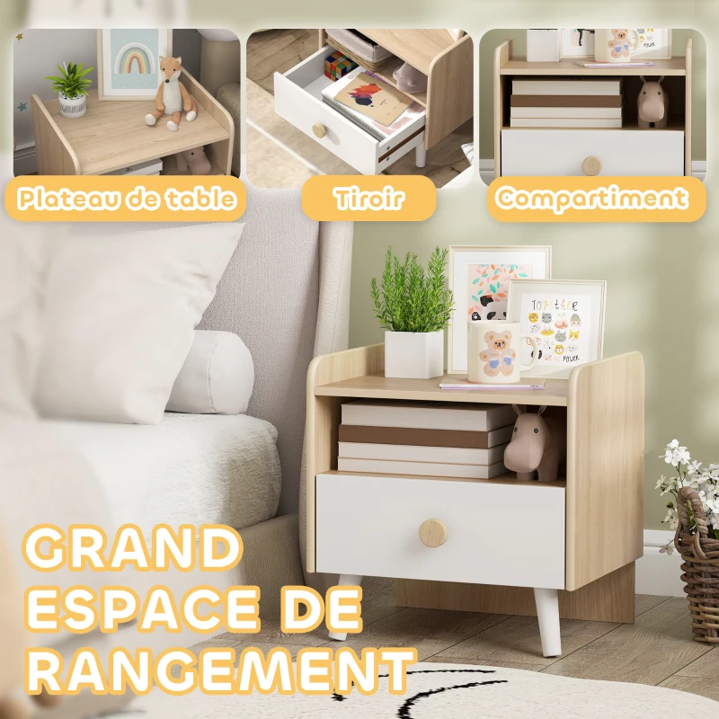 AIYAPLAY Table de chevet enfant table de nuit enfant avec tiroir et niche, petite table d'appoint en bois pour chambre d'enfant