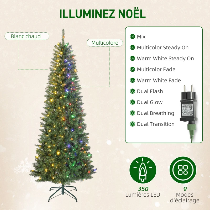 HOMCOM Sapin de Noël artificiel 210 cm, arbre de Noël fin avec 350 lumières, 1273 pointes, support en métal pliable, vert