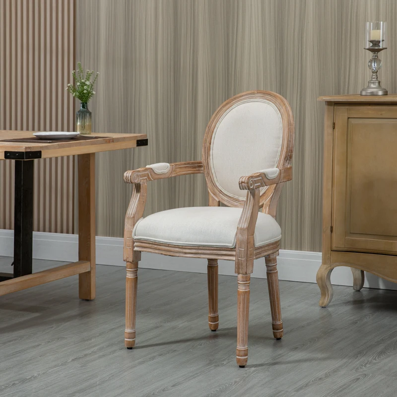 HOMCOM Chaise de Salle à Manger Chaise de Salon médaillon Style Louis XVI Bois Massif patiné sculpté Tissu Lin Crème