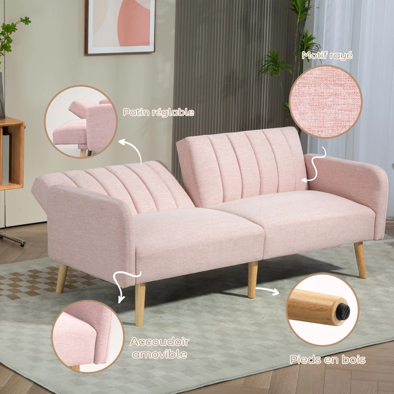 HOMCOM Canapé Convertible 2 Places Design scandinave Dossier inclinable 3 Positions Pieds Bois Tissu Aspect Lin Rose